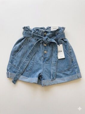 Paperbag Waist Denim Shorts - Light Blue
